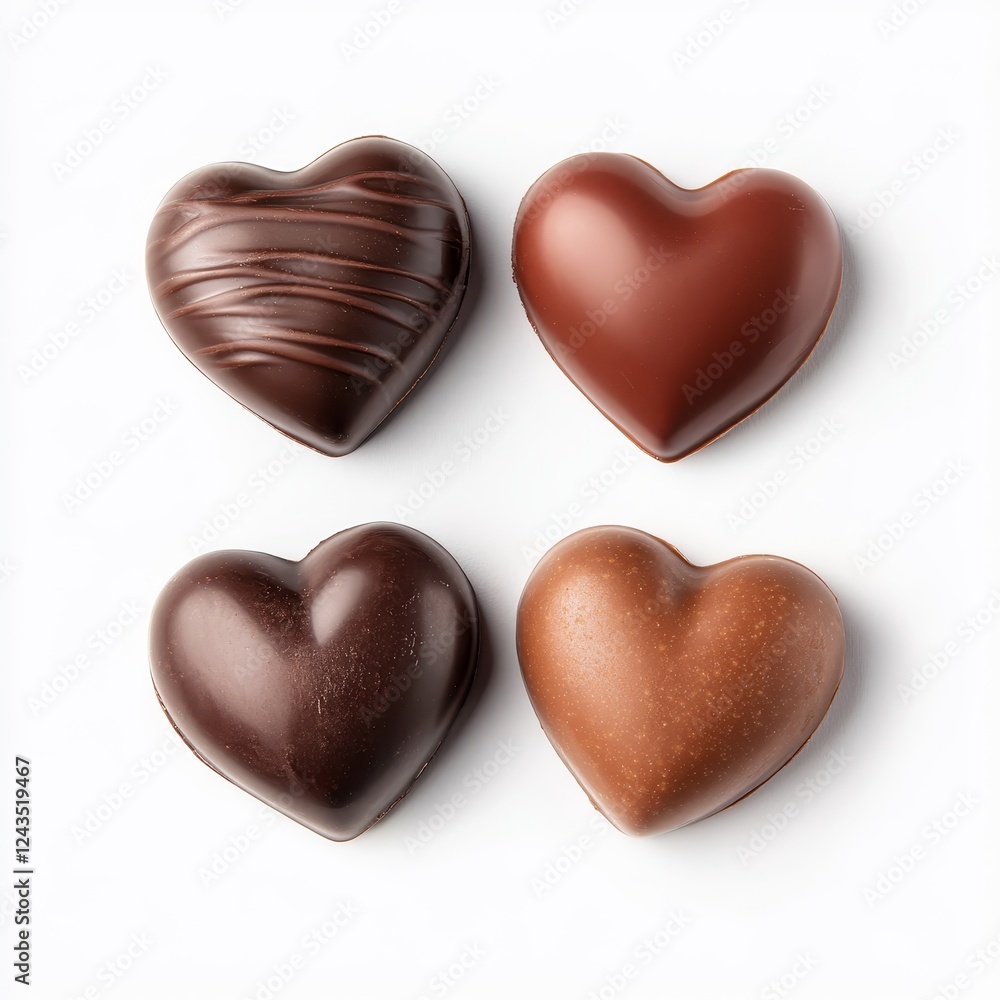 Four heart-shaped chocolates, white background, studio shot, Valentine's Day Four heart-shaped chocolates, white background, studio shot, Valentine's Day