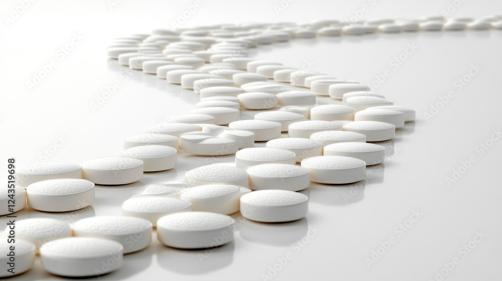 White round pills arranged in flowing pattern on smooth surface, symbolizing health and wellness. clean aesthetic evokes sense of calm and order White round pills arranged in flowing pattern on smooth surface, symbolizing health and wellness. clean aesthetic evokes sense of calm and order