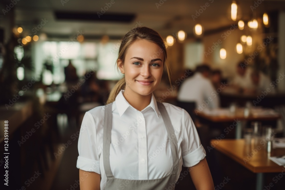 Smiling portrait of a young female Caucasian waitress in cafe Smiling portrait of a young female Caucasian waitress in cafe