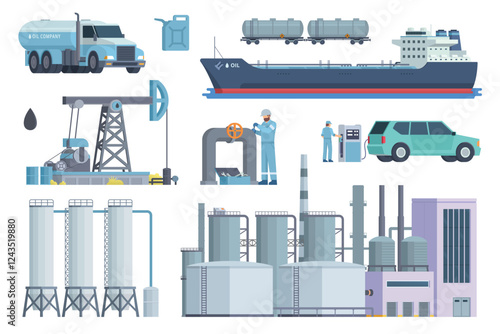 Oil & Gas Industry Illustration Bundle. Vector Set of Oil Well and Rig, Oil Worker, Oil Refinery, Gas Station, and Oil Transportation like Oil Truck and Tanker Ship. Fully Editable Modular Elements.