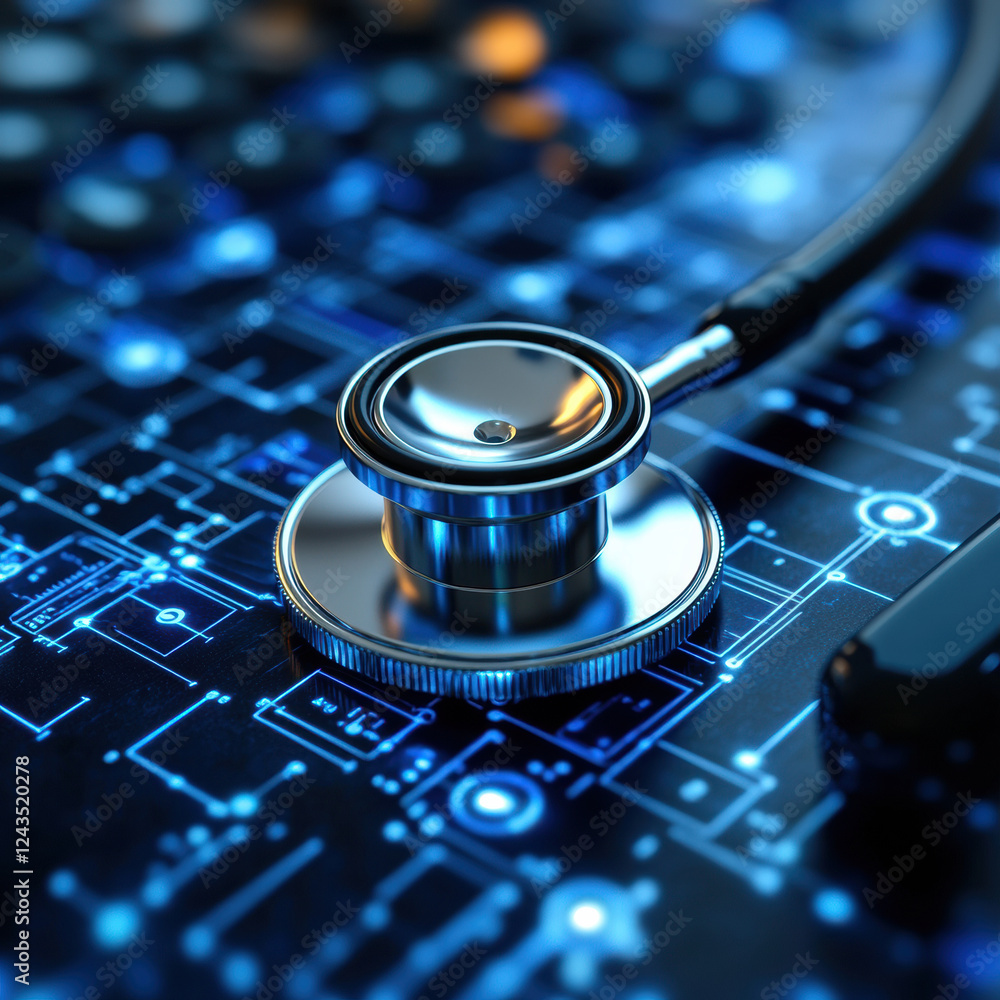 stethoscope rests on digital circuit board, symbolizing fusion of technology and healthcare. This captures essence of modern medical advancements and electronic health solutions stethoscope rests on digital circuit board, symbolizing fusion of technology and healthcare. This captures essence of modern medical advancements and electronic health solutions