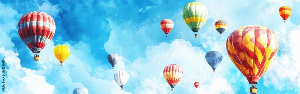 Obraz premium Colorful hot air balloons soaring through a bright blue sky over a serene landscape during a vibrant summer festival