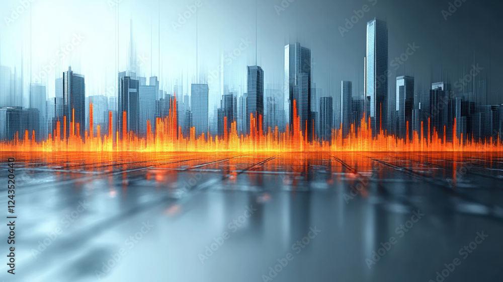 Abstract city skyline with sound wave visualization in orange tones Abstract city skyline with sound wave visualization in orange tones