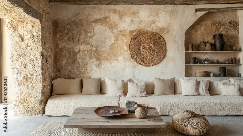Rustic coffee table near beige sofa against stucco wall with stone decorative poster Rustic coffee table near beige sofa against stucco wall with stone decorative poster