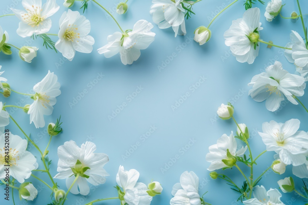 Fototapeta premium floral composition in the form of a frame and border of white buttercups on a blue background empty and blank middle romantic