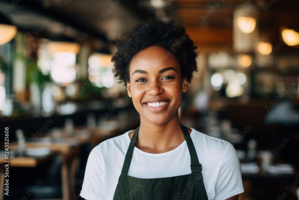 Smiling portrait of a young female African American waitress in cafe Smiling portrait of a young female African American waitress in cafe