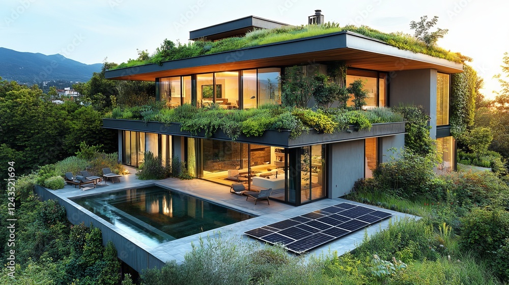 Charming House with Green Roof Surrounded by Lush Gardens and Inviting Pool Reflecting Blue Sky Creating a Picturesque and Tranquil Outdoor Living Space for Relaxation and Leisure Charming House with Green Roof Surrounded by Lush Gardens and Inviting Pool Reflecting Blue Sky Creating a Picturesque and Tranquil Outdoor Living Space for Relaxation and Leisure