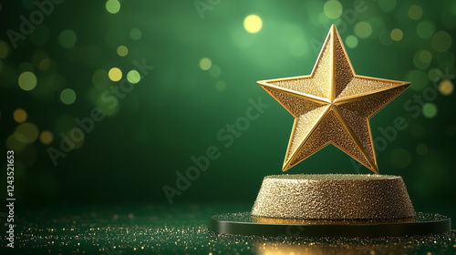 A golden star trophy on a glittery green background, symbolizing achievement and success
