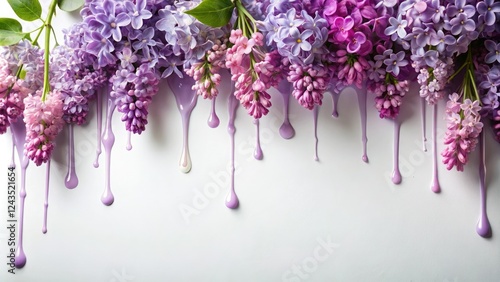 White Background with Dripping Slime and Lilac Flowers, isolated, dripping slime, plant life, white background photo