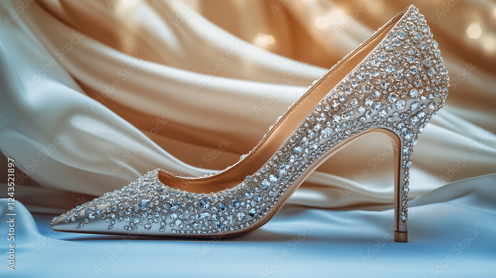 Elegant wedding high-heeled shoe adorned with shimmering crystals, placed against a soft, flowing fabric backdrop Elegant wedding high-heeled shoe adorned with shimmering crystals, placed against a soft, flowing fabric backdrop
