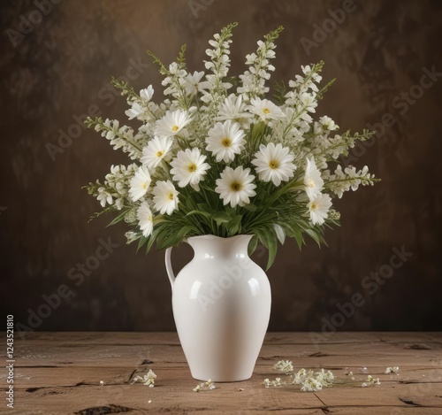 Wallpaper Mural White ceramic vase filled with a vibrant bouquet of white flowers on a rustic brown background, vibrant, rustic, home interior, ceramic, bouquet Torontodigital.ca