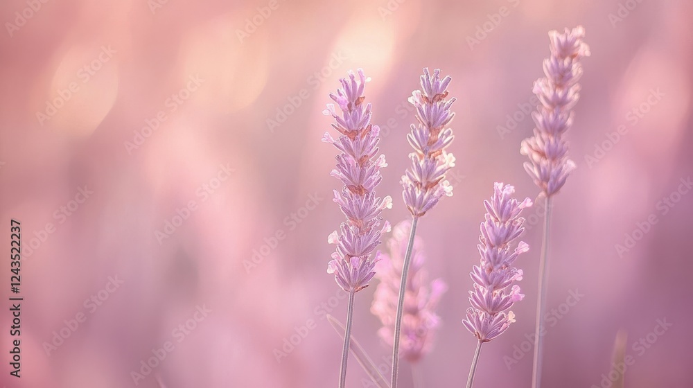 Obraz premium Soft lavender blossoms captured in serene pastel bokeh during a warm sunset hour