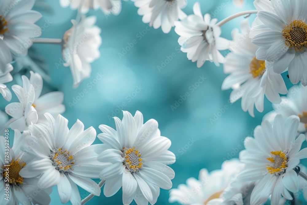 Fototapeta premium floral natural blue turquoise background with a frame of white daisies using a soft blur filter blur and bokeh light border