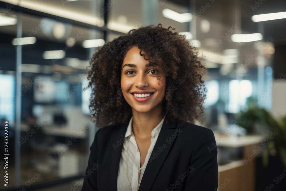 Fototapeta premium Smiling portrait of a young African American businesswoman in modern office