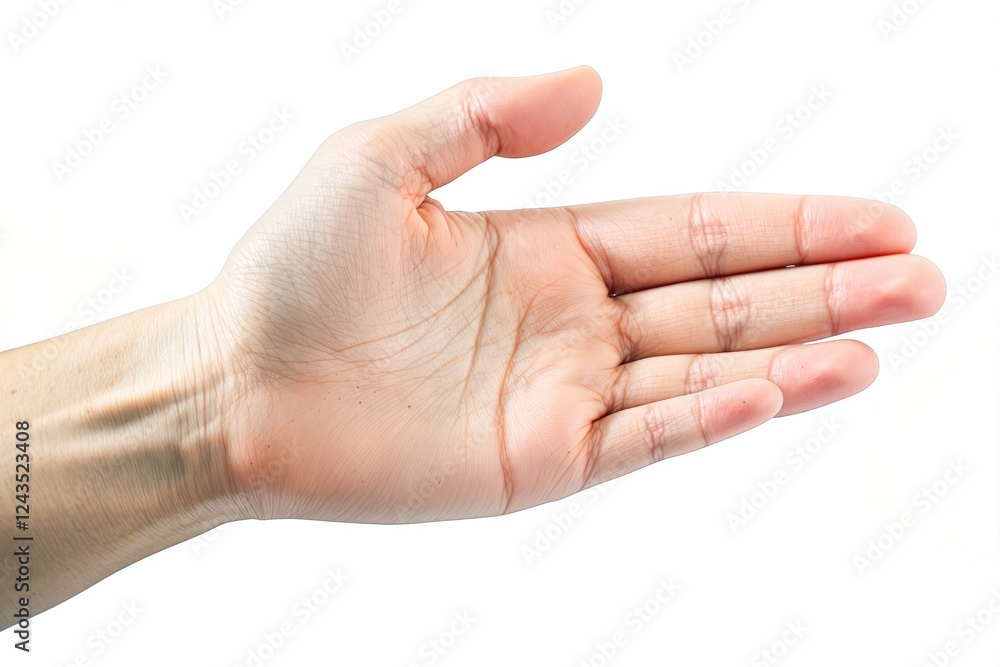 Close-up of an open human hand palm facing up on a white background. Close-up of an open human hand palm facing up on a white background.