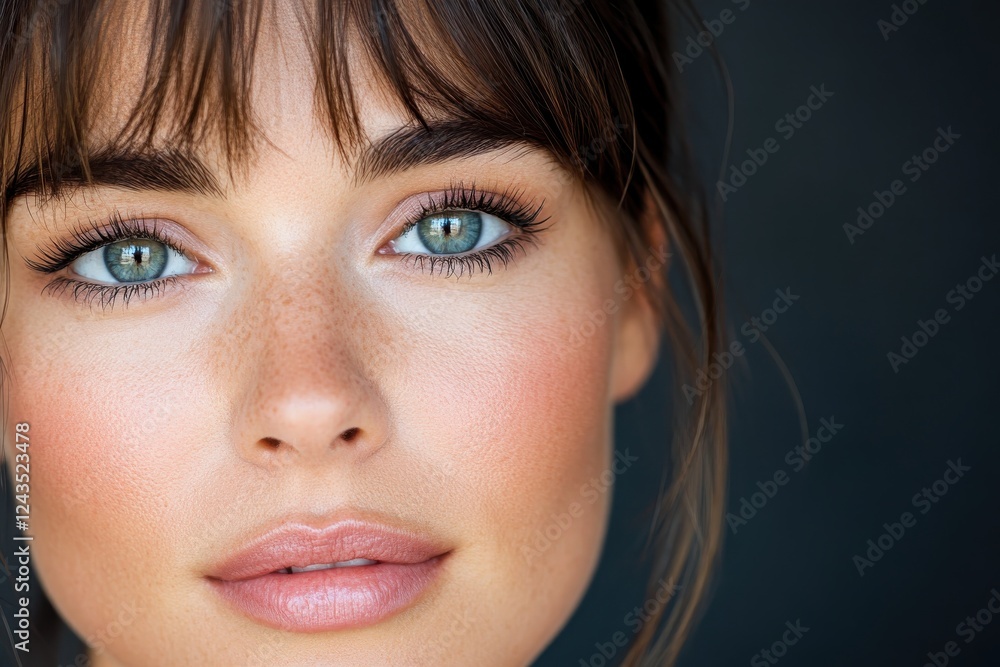 This stunning close-up captures the unique freckles on a young woman's face, radiating confidence and emphasizing the beauty found in natural imperfections. This stunning close-up captures the unique freckles on a young woman's face, radiating confidence and emphasizing the beauty found in natural imperfections.