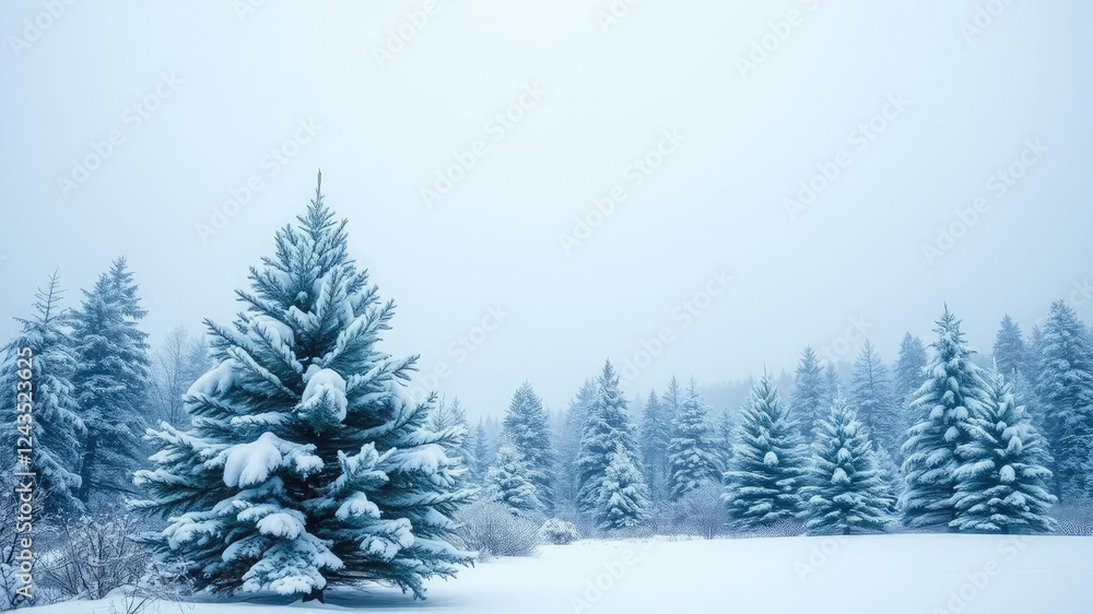 Fototapeta premium winter landscape with snow pine tree christmas, icy terrain, frosty atmosphere