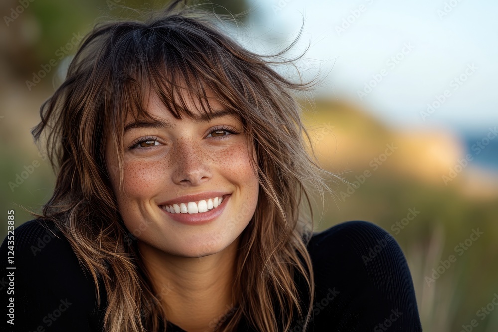 A cheerful young woman beams with a radiant smile, showcasing her freckles and tousled hair, with soft natural lighting enhancing the beauty of the outdoor scenery. A cheerful young woman beams with a radiant smile, showcasing her freckles and tousled hair, with soft natural lighting enhancing the beauty of the outdoor scenery.