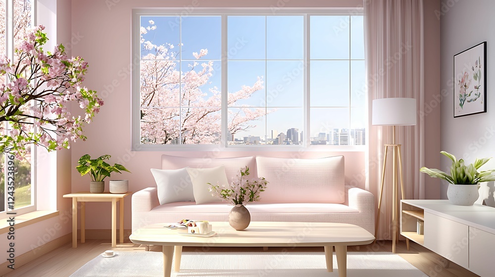 Fototapeta premium minimalist, living room, interior, design, living, room. A bright, airy living room featuring a pink color scheme, comfortable sofa, and a view of blooming trees through a large window.