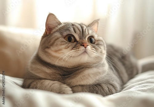Wallpaper Mural Close-up of a fluffy silver tabby cat resting calmly on a soft bed with a serene expression and beautiful window light in the background Torontodigital.ca