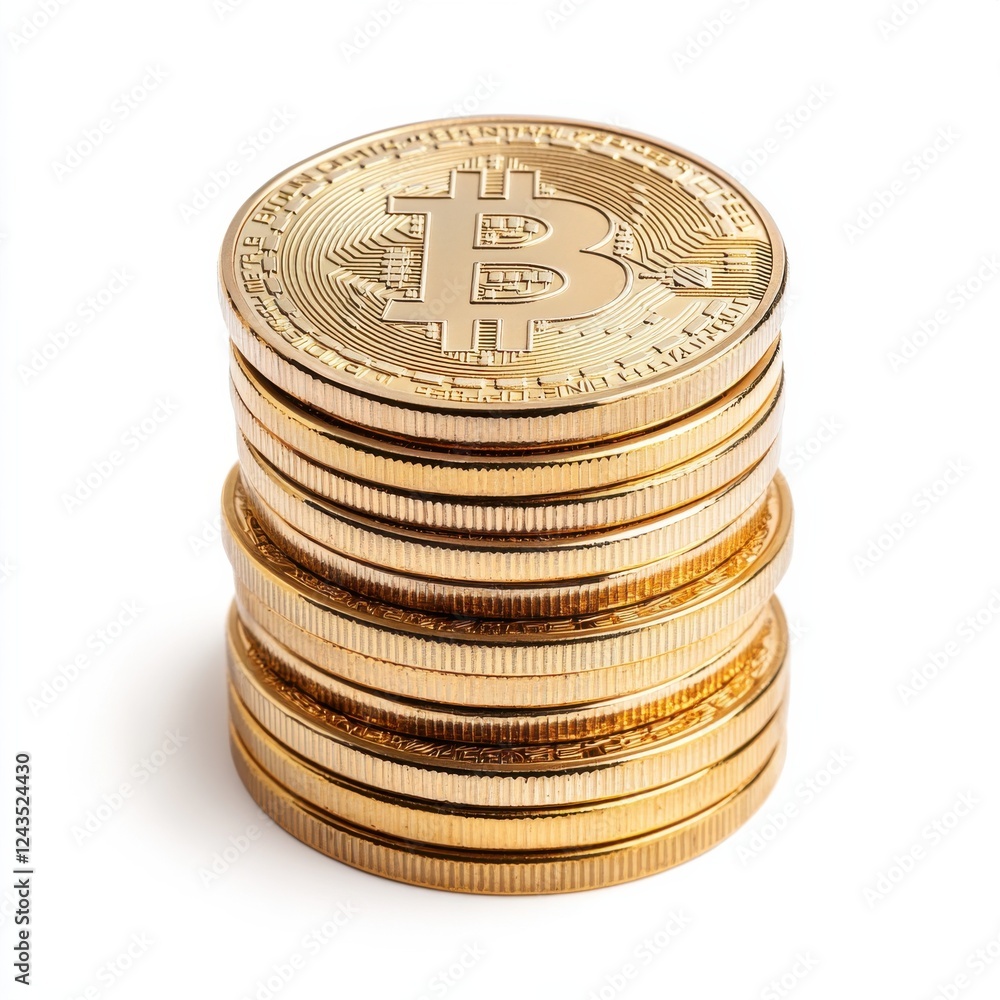 Pyramid of three gold bitcoin replicas in studio setting