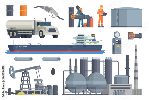 Oil & Gas Industry Illustration Bundle. Vector Set of Oil Well and Rig, Oil Worker, Oil Refinery, Gas Station, and Oil Transportation like Oil Truck and Tanker Ship. Fully Editable Modular Elements.