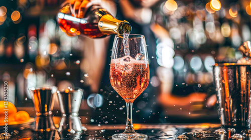 Wallpaper Mural Sparkling Celebration: A close-up shot of a bartender pouring champagne into a glass, the effervescence of the bubbly drink captured in a burst of golden light. Torontodigital.ca