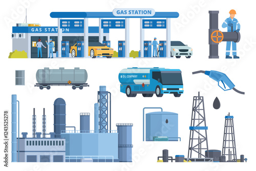 Oil & Gas Industry Illustration Bundle. Vector Set of Oil Well and Rig, Oil Worker, Oil Refinery, Gas Station, and Oil Transportation like Oil Truck and Tanker Ship. Fully Editable Modular Elements.