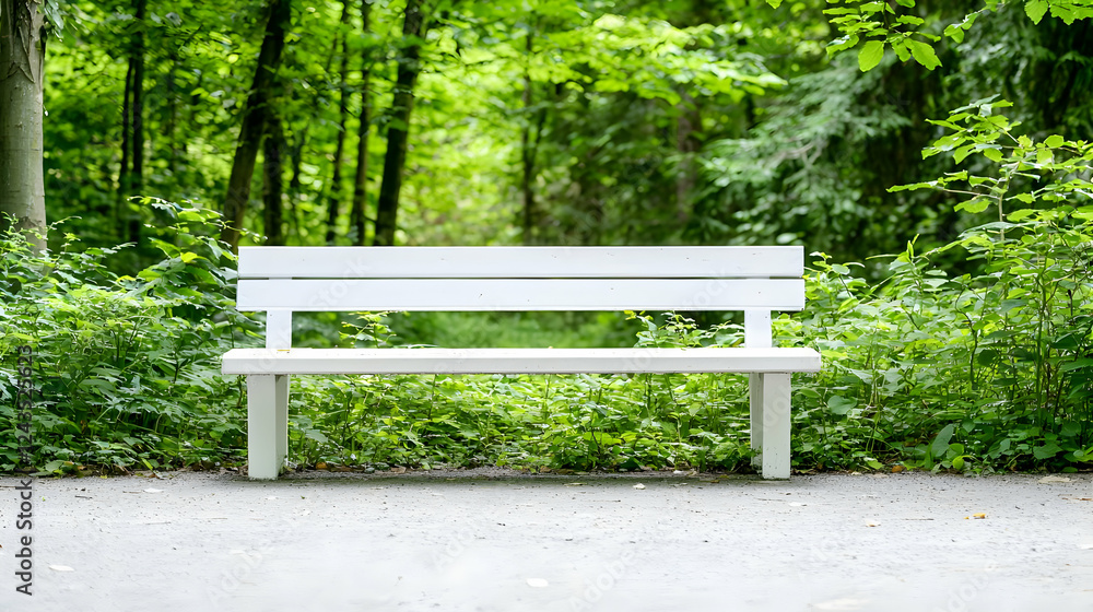 White park bench in lush green forest; tranquility White park bench in lush green forest; tranquility