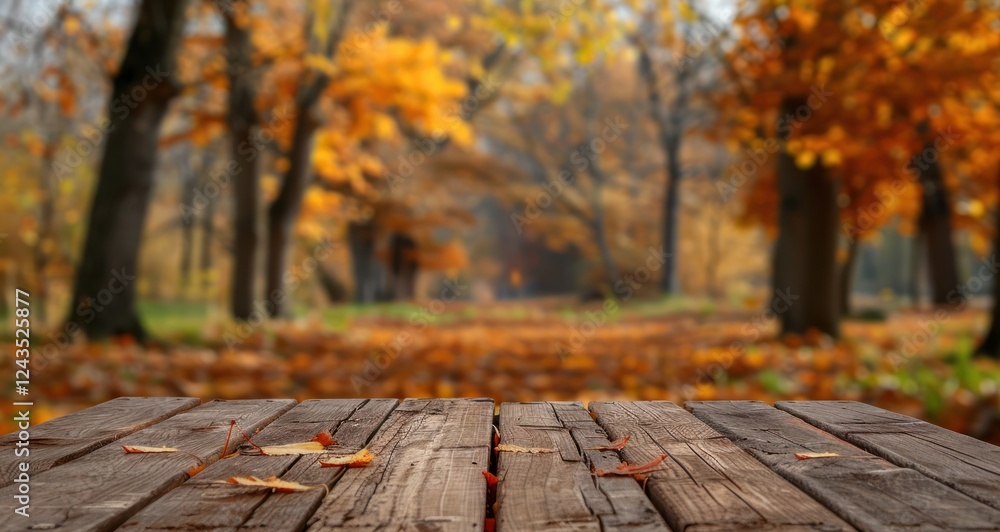 lower shot wooden planks and orange gold dry leaf against the background blurred tree foliage of trees in beautiful autumn park presentation lower shot wooden planks and orange gold dry leaf against the background blurred tree foliage of trees in beautiful autumn park presentation