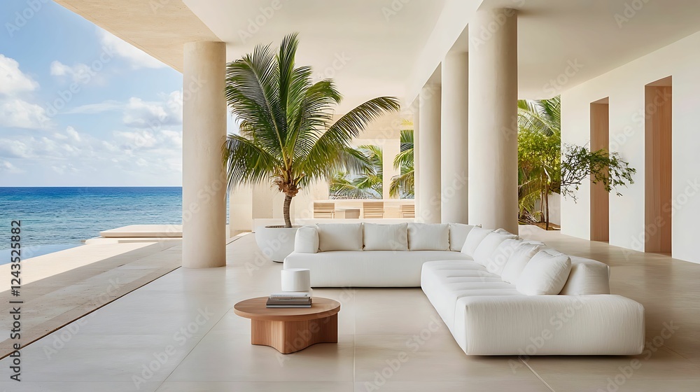 Naklejka premium minimalist, living room, interior, design, living, room. A serene beachfront lounge with modern white furniture, surrounded by palm trees, offering a stunning ocean view.