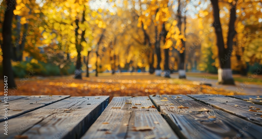 lower shot wooden planks and orange dry leaf against the background blurred tree foliage of trees in beautiful autumn park presentation seasonal lower shot wooden planks and orange dry leaf against the background blurred tree foliage of trees in beautiful autumn park presentation seasonal