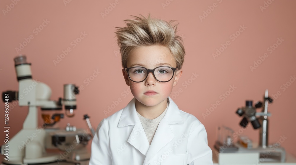 An Aspiring Young Scientist: A Child in a Lab Coat with Microscope Equipment Against a Pink Background An Aspiring Young Scientist: A Child in a Lab Coat with Microscope Equipment Against a Pink Background
