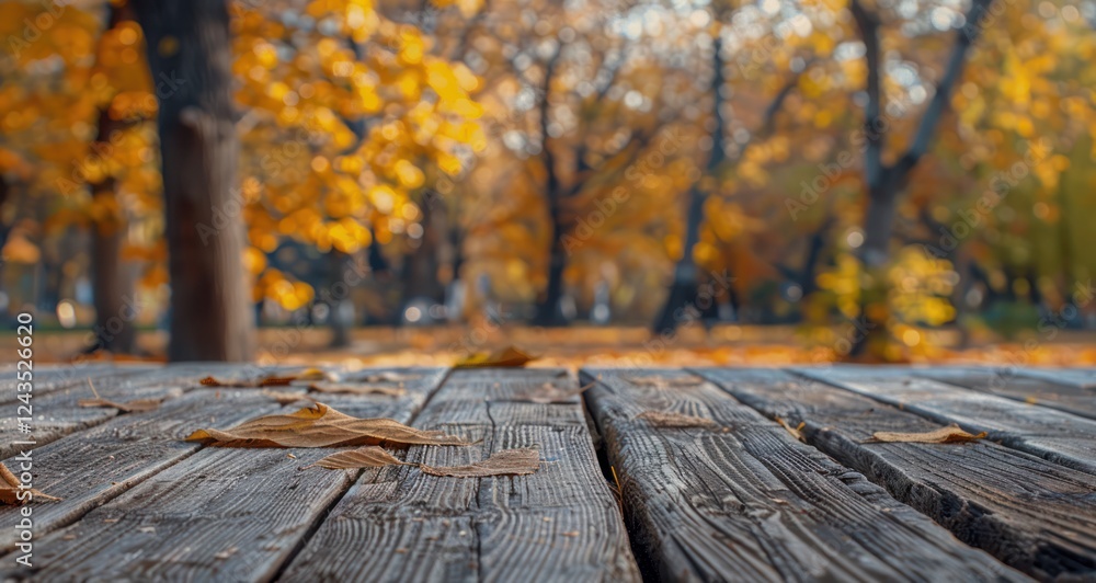 lower shot wooden planks and orange dry leaf against the background blurred tree foliage of trees in beautiful autumn park presentation seasonal