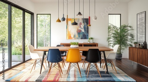 Modern dining room with colorful chairs and hanging lights.