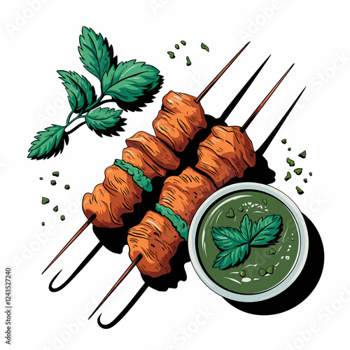 Tandoori Chicken Skewers with Green Chutney Illustration