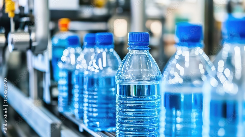 Bottled water production line showcasing clear bottles on conveyor in a modern factory setting Bottled water production line showcasing clear bottles on conveyor in a modern factory setting