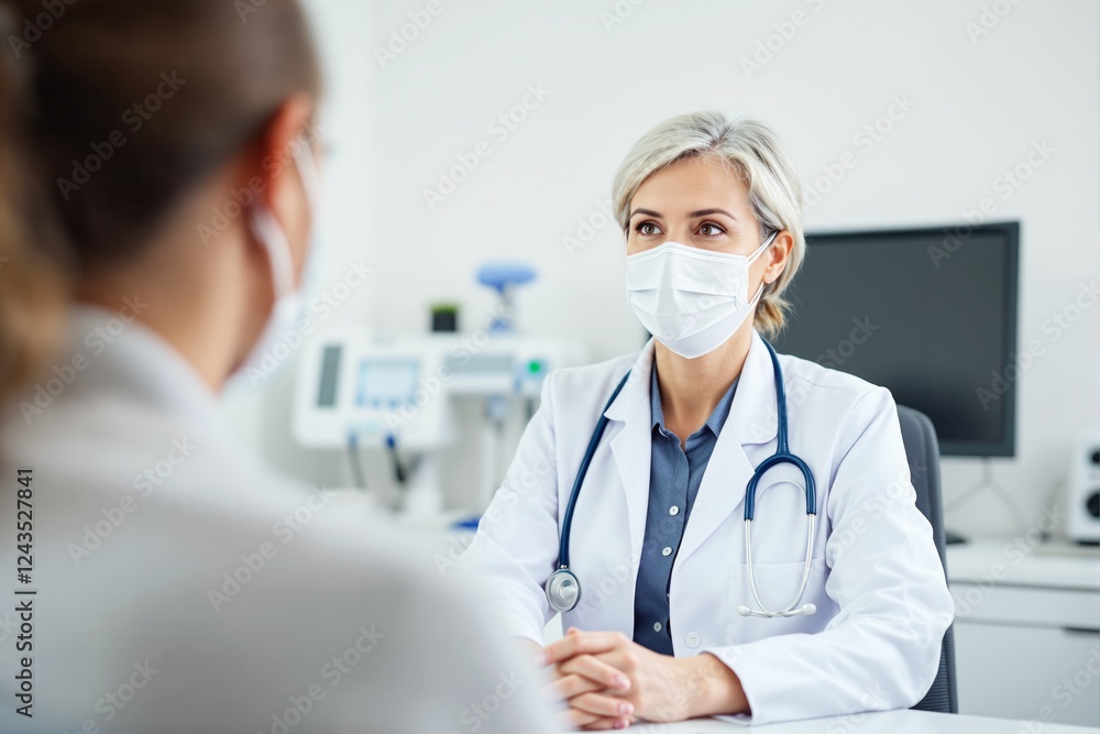 Female doctor in a white coat with a stethoscope, wearing a mask, consulting a patient in a modern medical office background. Female doctor in a white coat with a stethoscope, wearing a mask, consulting a patient in a modern medical office background.