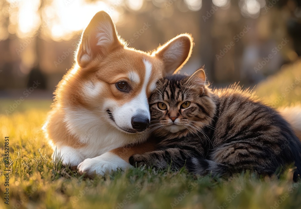 Cozy Corgi and Calm Cat Snuggling in a Sunlit Meadow with Soft Green Grass and Gentle Warm Light During a Peaceful Afternoon