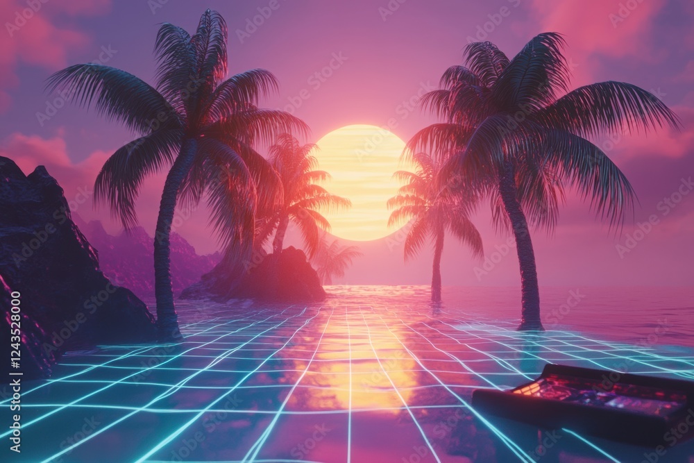 Fototapeta premium Sunset over water with palm trees and neon grid aesthetic in tropical paradise scene