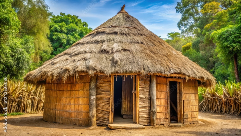 Traditional indigenous hut made of natural materials such as wood and straw, with thatched roof and wooden door, outdoor shelter , earthy tone Traditional indigenous hut made of natural materials such as wood and straw, with thatched roof and wooden door, outdoor shelter , earthy tone