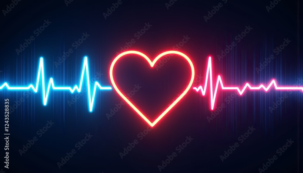Neon heart with ECG line, vibrant design, colorful digital art for health awareness Neon heart with ECG line, vibrant design, colorful digital art for health awareness