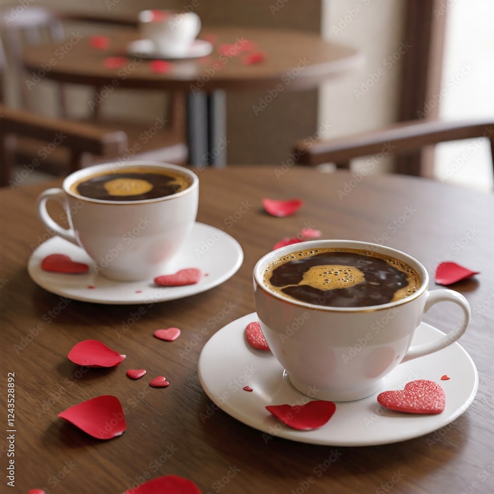 Valentine's Day, two cups of coffee on a cozy café table. Love fills the air, creating a warm and romantic atmosphere for a perfect date. Enjoy the moment! Valentine's Day, two cups of coffee on a cozy café table. Love fills the air, creating a warm and romantic atmosphere for a perfect date. Enjoy the moment!
