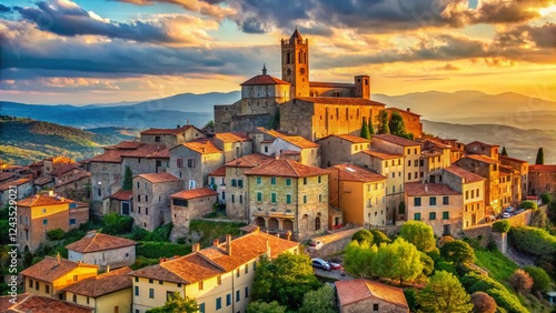 Livorno, Tuscany: Dramatic Foreshortened View of Campiglia Marittima Hilltop Town, Italy photo