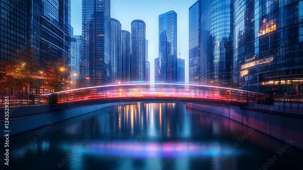 Obraz premium Holographic Bridge: A neon-lit market's futuristic gateway.