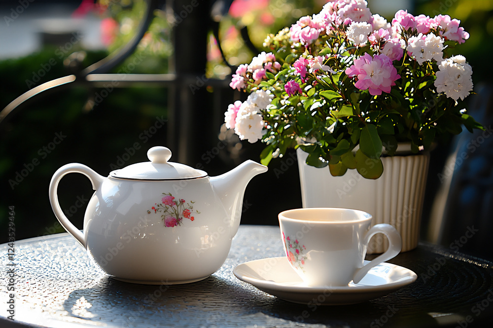 P A summer picture of a tea set on a garden t P A summer picture of a tea set on a garden t