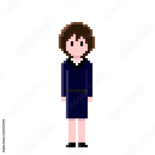 紺色のビジネススーツを着た女性のドット絵 | ピクセルアート | シックでスタイリッシュなビジネススタイル
