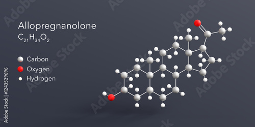 allopregnanolone molecule 3d rendering, flat molecular structure with chemical formula and atoms color coding photo