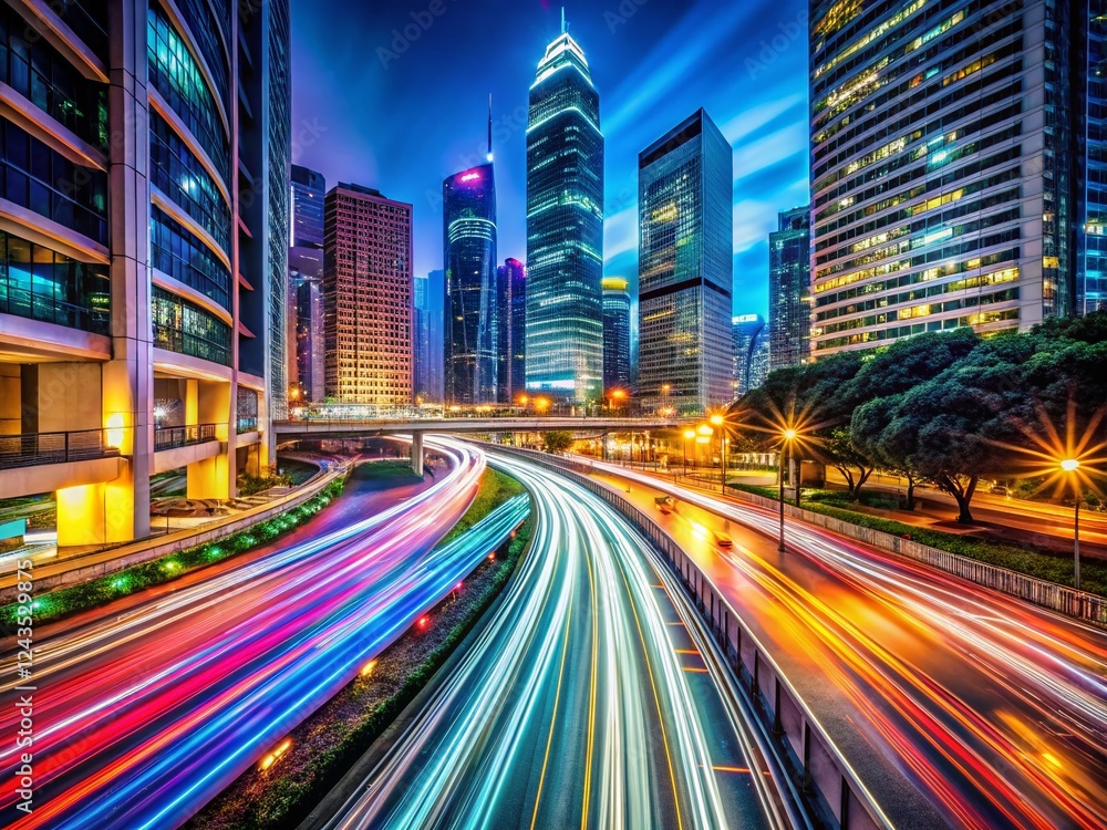 Fototapeta premium Long Exposure City Lightscape at Night, Urban Blurred Motion, Abstract Light Trails, Night Photography, Cityscape Panorama