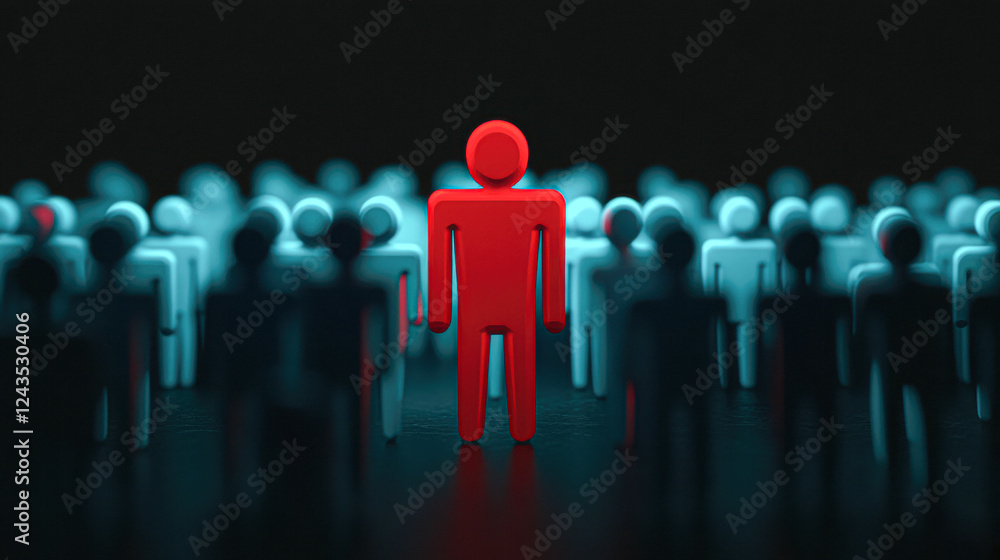 Standing out in the crowd a red figure among blue silhouettes digital art Standing out in the crowd a red figure among blue silhouettes digital art